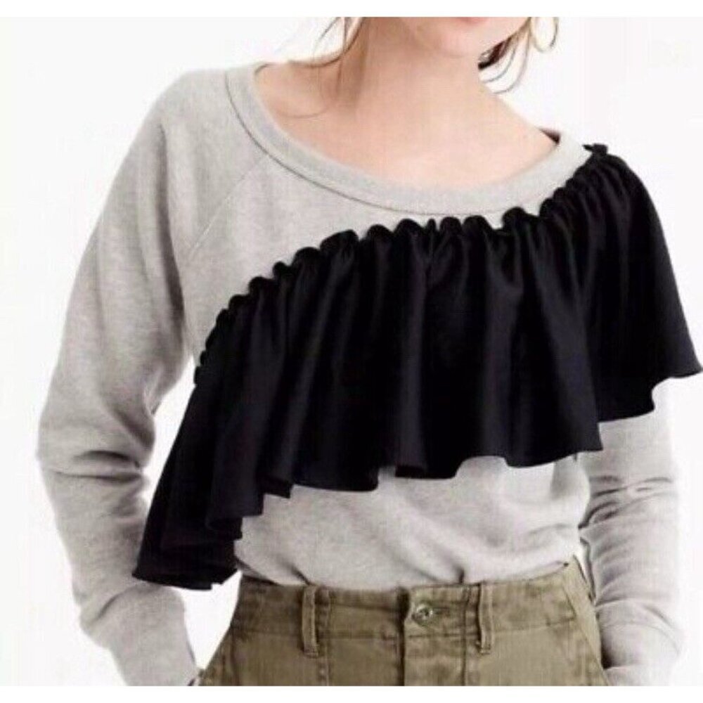 J. Crew Sweatshirt Womens S Gray Ruffled Asymmetrical Top Contemporary